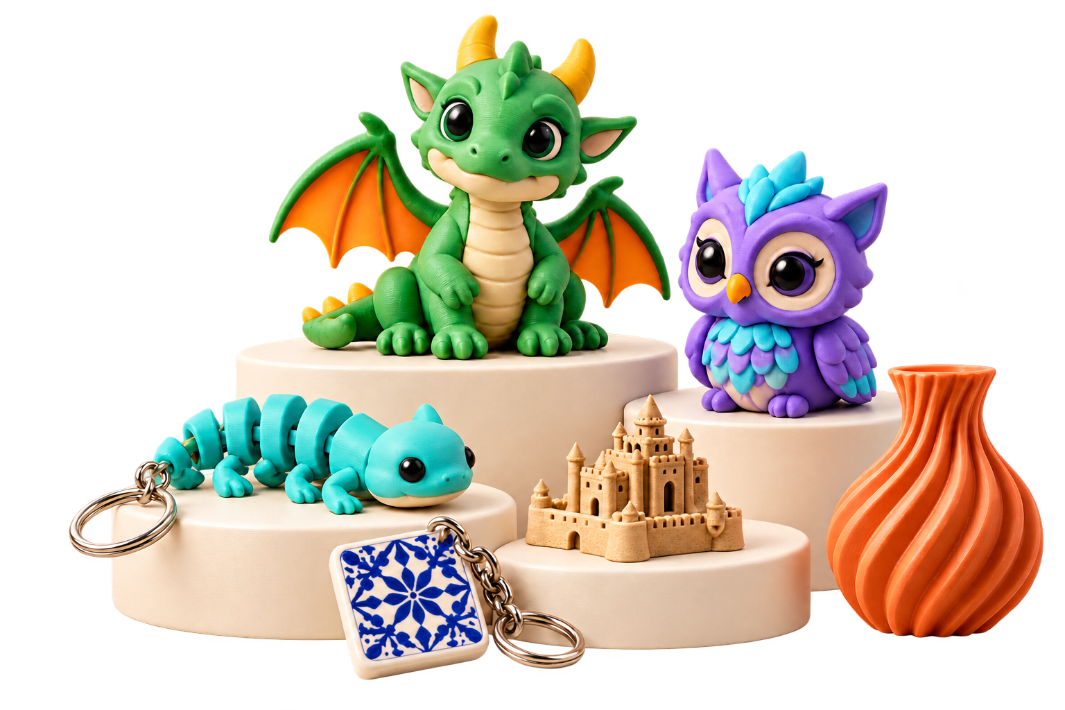Dragão, coruja, chaveiros, castelo e vaso produzidos em impressão 3D